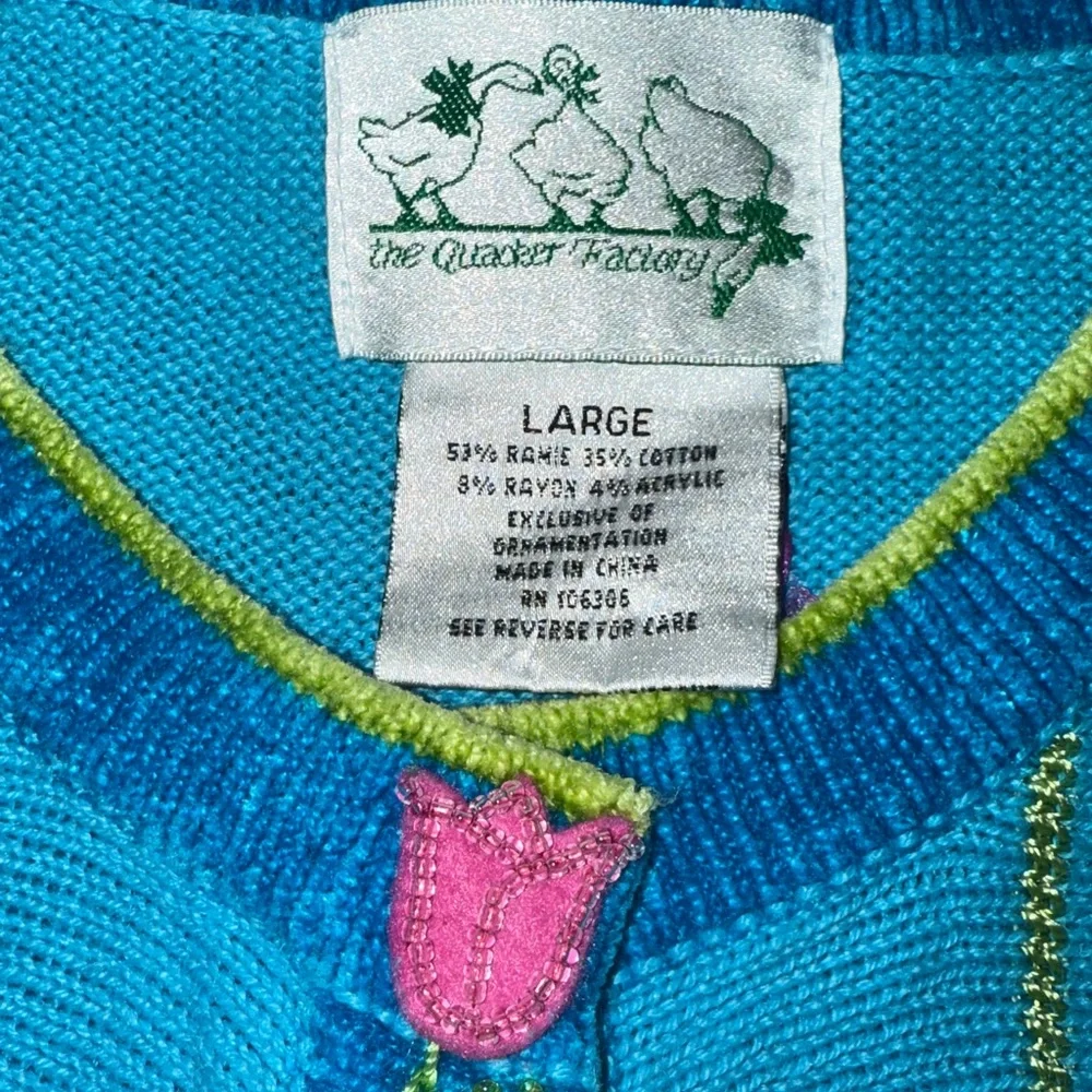 Vintage The Quaker Factory Blue Hand Embroidered Beaded Flowers Bunny Cardigan L - Picture 6 of 16
